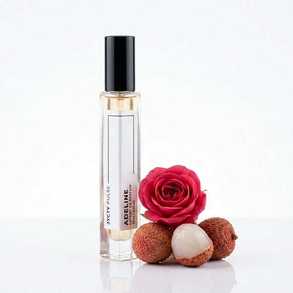A clear 10ML perfume bottle with a black cap and a gold neck band, labeled 'ADELINE' by JYCTY standing on a white surface beside a pink rose and lychee fruits against a white background.