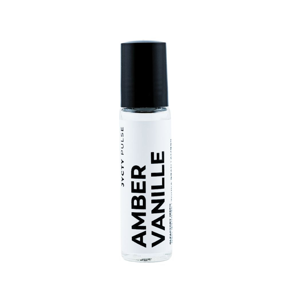 Perfume  oil bottle labeled 'Amber Vanille' on a white background. Long lasting and vegan and cruelty free by JYCTY