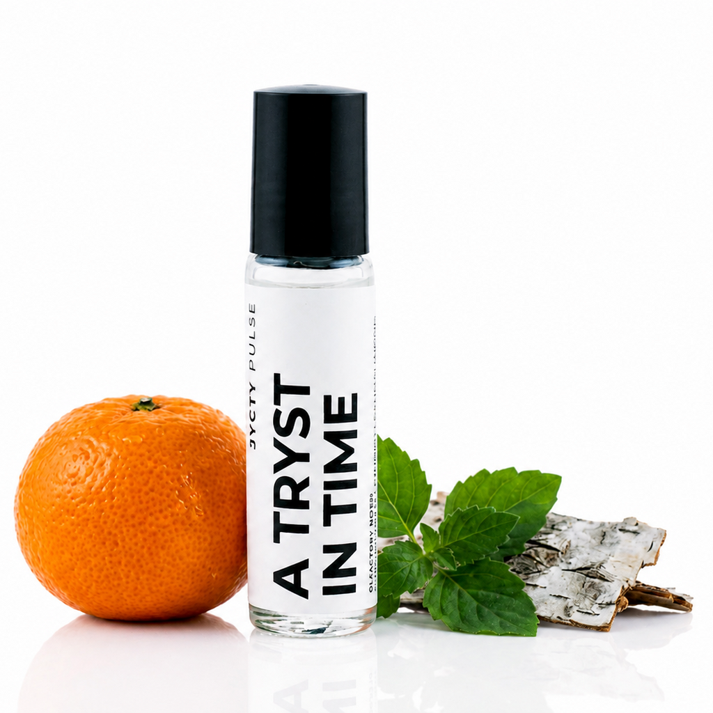 A clear glass roll-on bottle with a black cap labeled 'A TRYST IN TIME' by JYCTY PULSE, styled with an orange, mint leaves, and bark on a white background.