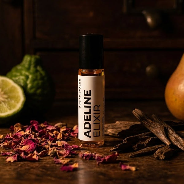 Adeline Elixir perfume oil bottle with a pear, lime, and dried flowers on a wooden surface