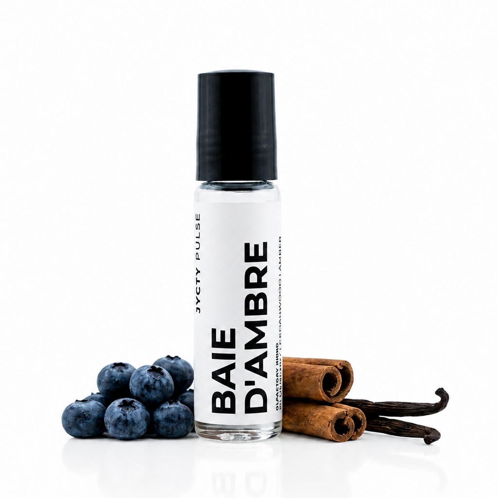 A clear glass roller bottle with a black cap and a white label reading 'BAIE D'AMBRE' and 'JYCYT PULSE', styled on a white surface with blueberries and cinnamon sticks.