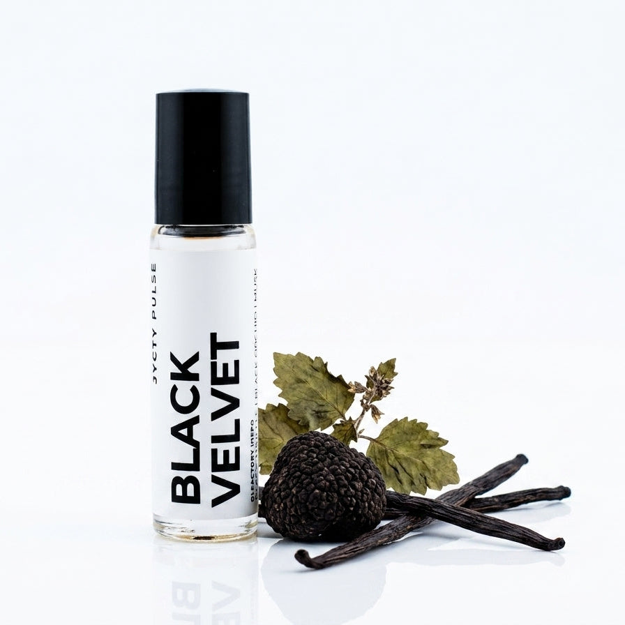 A clear glass rollerball bottle with a black cap and a white label reading 'BLACK VELVET' in bold black text. The bottle is styled with vanilla beans, a dark berry, and green leaves on a clean white background.