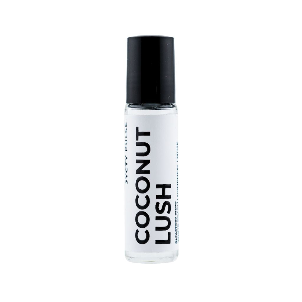 Roll-on oil perfume bottle labeled 'Coconut Lush' on a white background