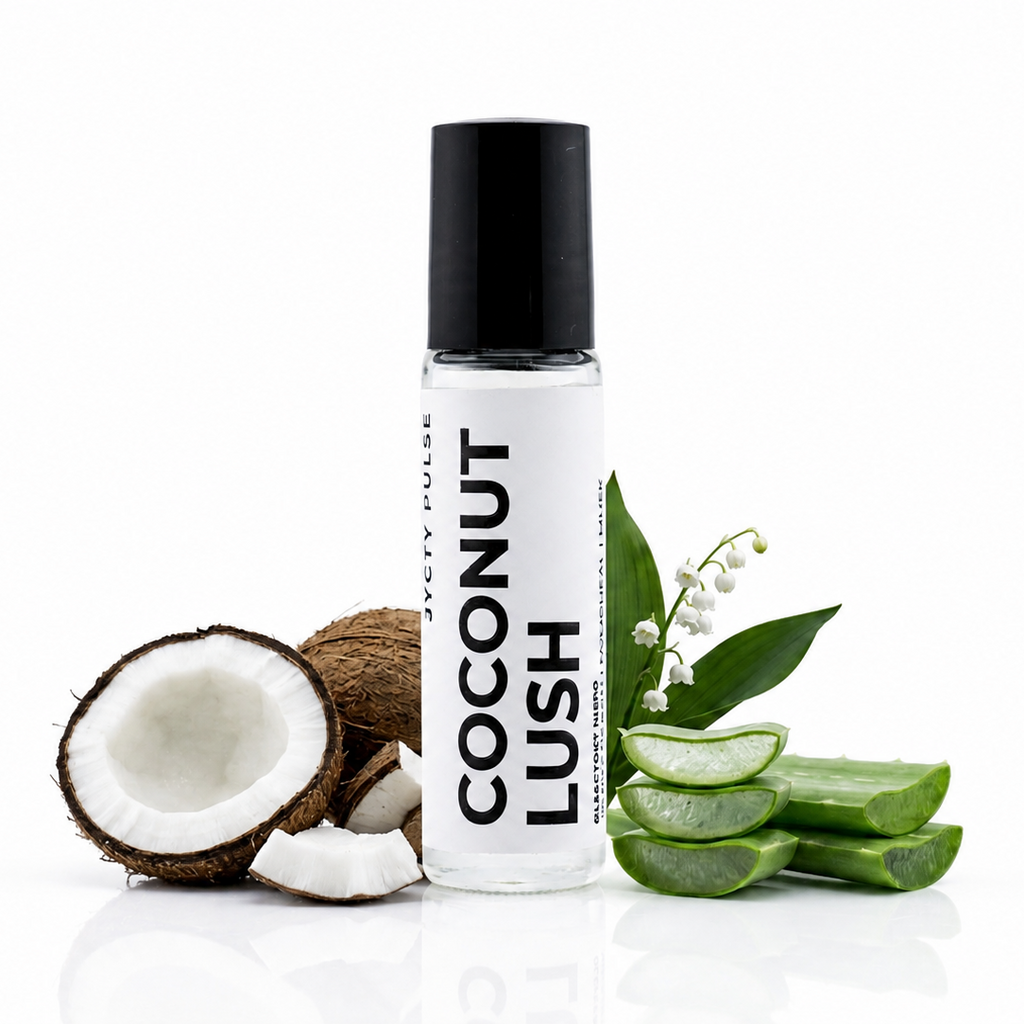 A clear cylindrical roller bottle labeled 'COCONUT LUSH' by JYCTY, standing upright on a white reflective surface. It is styled with a halved coconut, aloe vera slices, green leaves, and a small white flower on a clean white background.