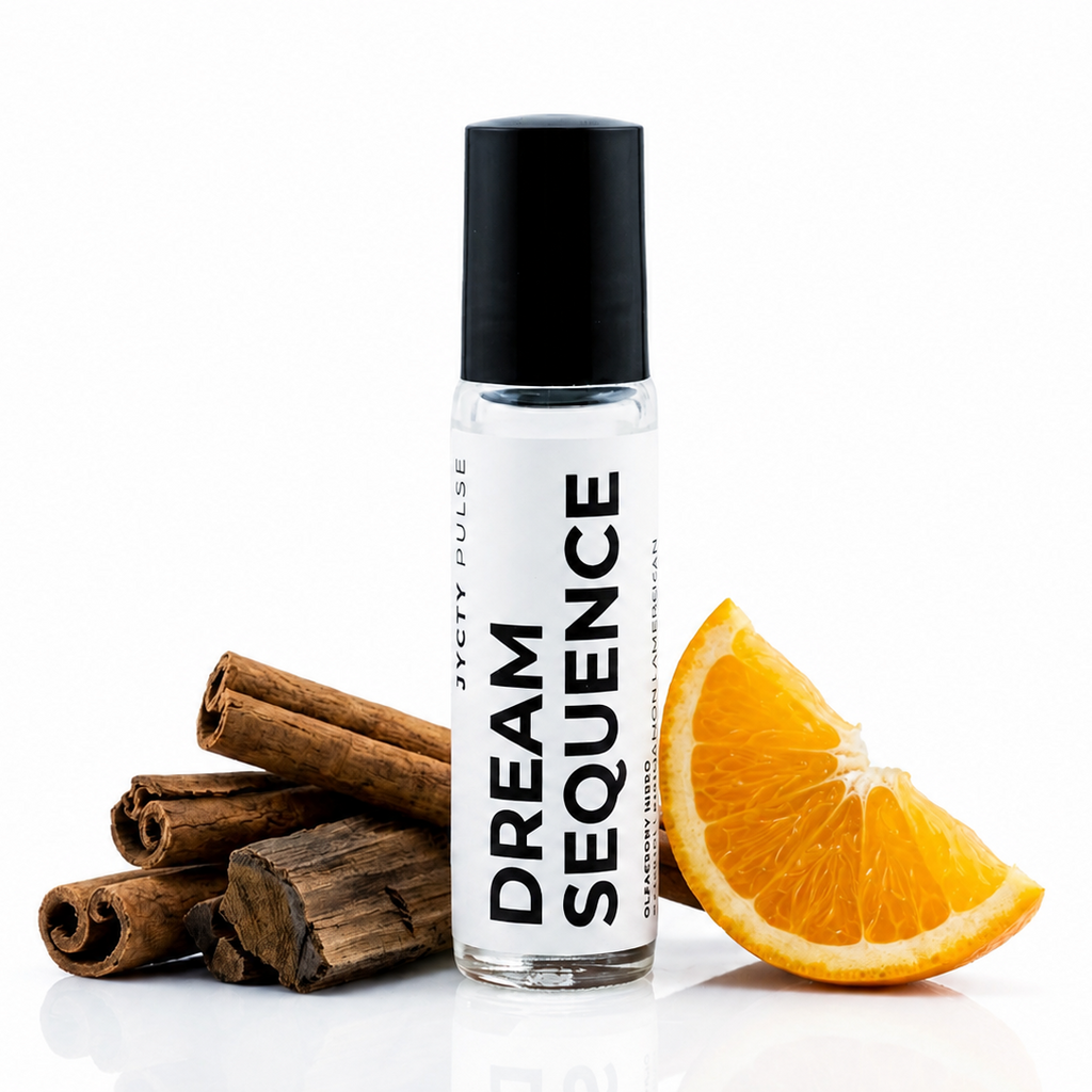 A clear cylindrical roller bottle with a black cap and a white label reading 'DREAM SEQUENCE' and 'JYCTY PULSE', styled on a white background with cinnamon sticks and an orange slice beside it.