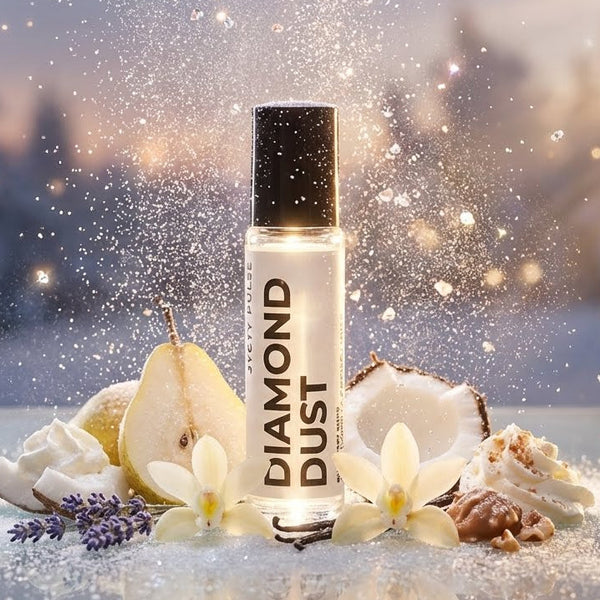 Diamond Dust perfume oil bottle with floral elements on a snowy background. long lasting vegan oil