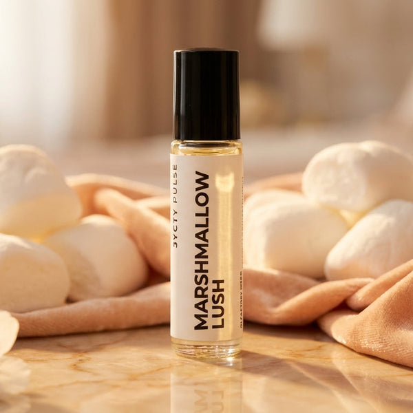 10ml perfume oil Roll-on bottle labeled 'Marshmallow Lush' with marshmallows and flowers on a soft background