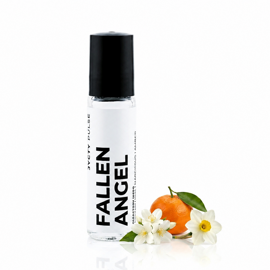 A clear cylindrical bottle with a black cap labeled 'FALLEN ANGEL' and 'JYCTY PULSE', shown on a white background with a small orange and white flowers beside it.