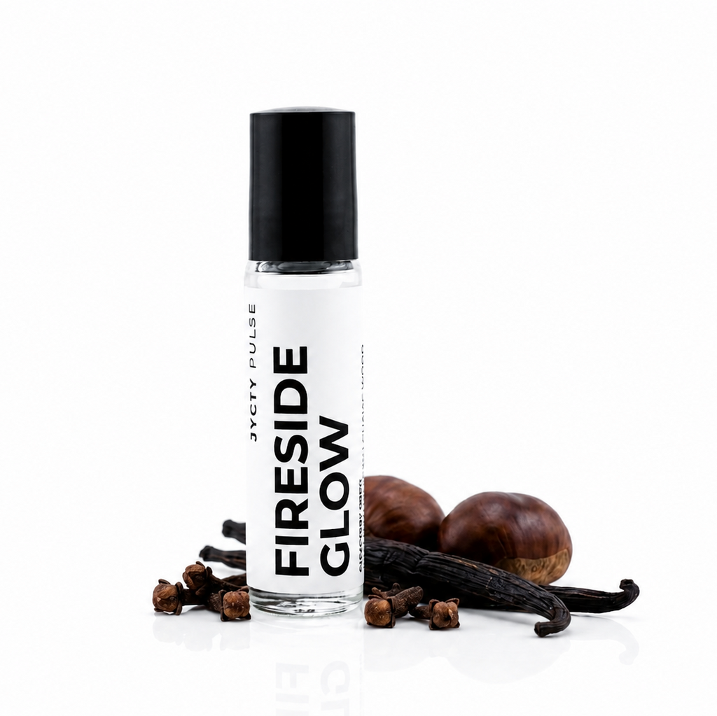 A clear glass rollerball bottle with a black cap and a white label reading 'FIRESIDE GLOW' and 'JYCTY PULSE', styled with cloves, vanilla beans, and chestnuts on a white reflective surface.
