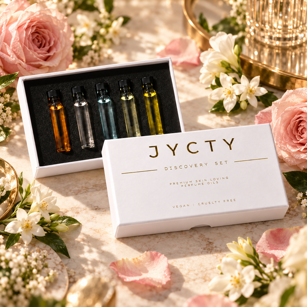 A JYCTY Discovery Set of premium skin-loving perfume oils in five small glass vials, shown in an open white box alongside the branded white lid, styled with pink roses and white flowers on a marble surface.