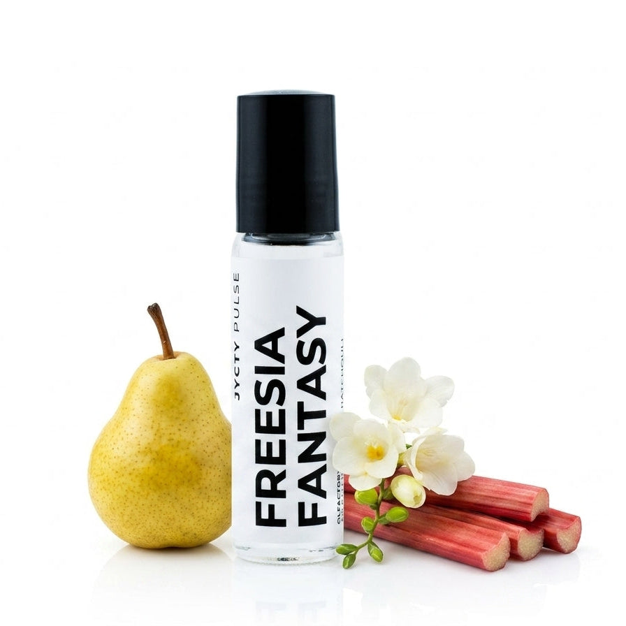 A clear cylindrical bottle with a black cap labeled 'FREESIA FANTASY' stands on a white reflective surface, styled with a yellow pear, white flowers, and pink rhubarb stems against a white background.