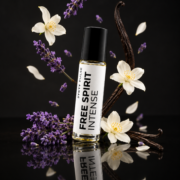 FREE SPIRIT INTENSE luxury floral fragrance with lavender, orchid, and orange blossom on a reflective surface.