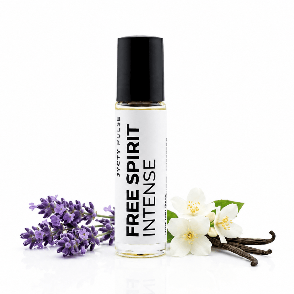 FREE SPIRIT INTENSE luxury floral fragrance with lavender, jasmine, and vanilla on a white background.
