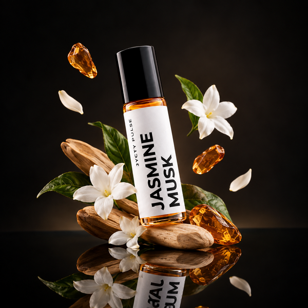 A roll-on perfume bottle labeled 'JASMINE MUSK' stands on a glossy black surface with a dark background. The bottle is surrounded by white jasmine flowers, green leaves, amber resin pieces, and floating amber droplets.