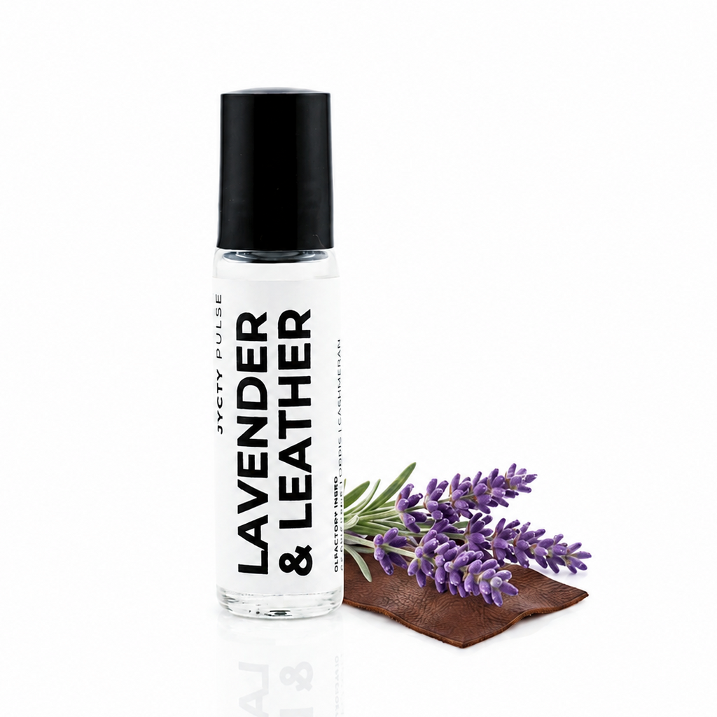 A clear cylindrical roller bottle with a black cap labeled 'LAVENDER & LEATHER' and 'JYCTY PULSE', shown on a white background beside purple lavender flowers and a brown leather square.