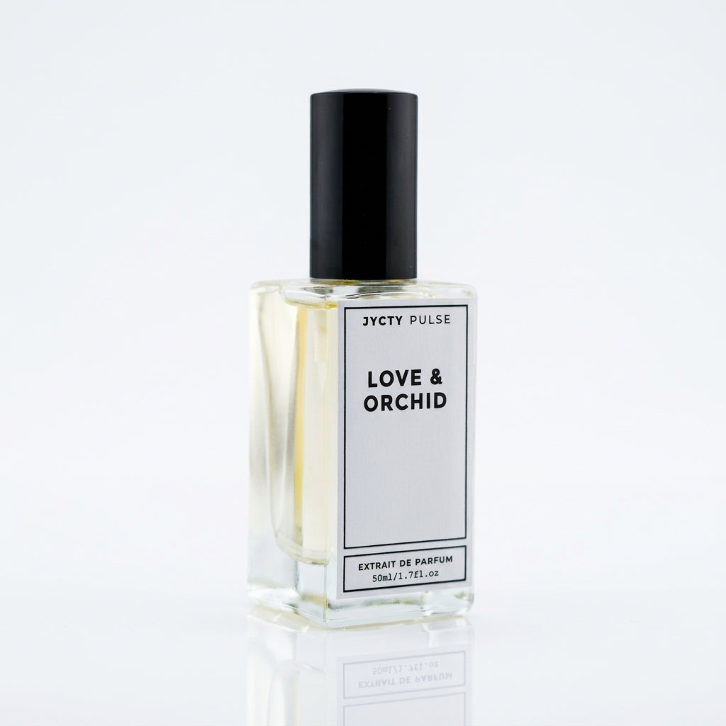 50ml Perfume bottle labeled 'Love & Orchid' by JYCTY PULSE on a light gray background