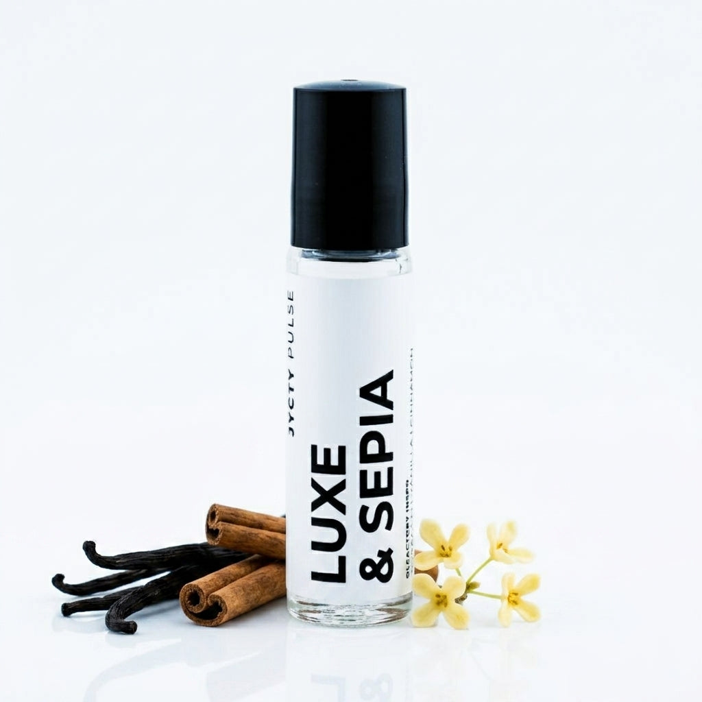 A clear glass roller bottle with a black cap and a white label reading 'LUXE & SEPIA' by JYCTY styled with cinnamon sticks, vanilla beans, and small yellow flowers on a white background.