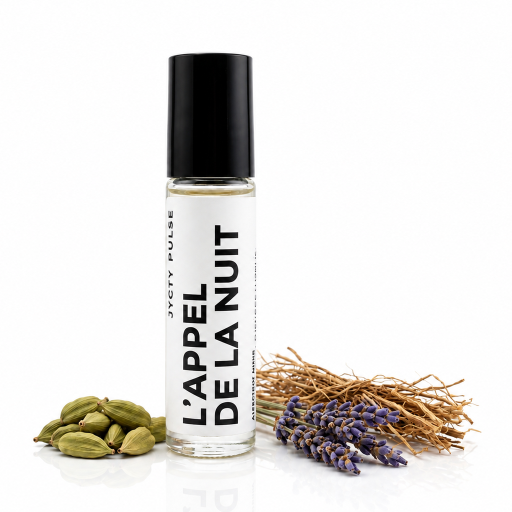A clear glass roller bottle with a black cap and a white label reading 'L'APPEL DE LA NUIT' and 'JCTA PUREE', styled with green cardamom pods and dried lavender on a white background.