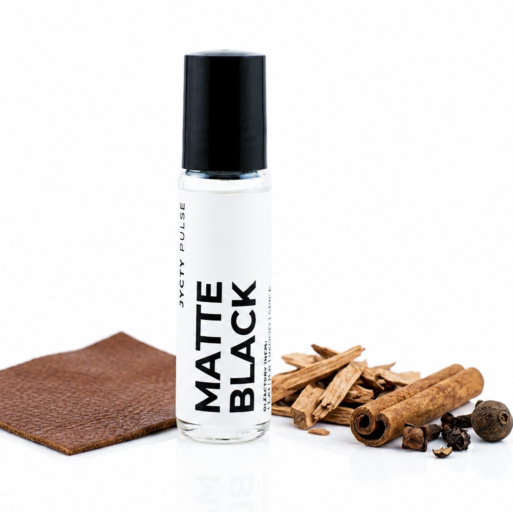 A clear glass roller bottle with a black cap labeled 'MATTE BLACK' by JYCTY Pulse, styled on a white background with a brown leather swatch and warm spices like cinnamon sticks and cloves.