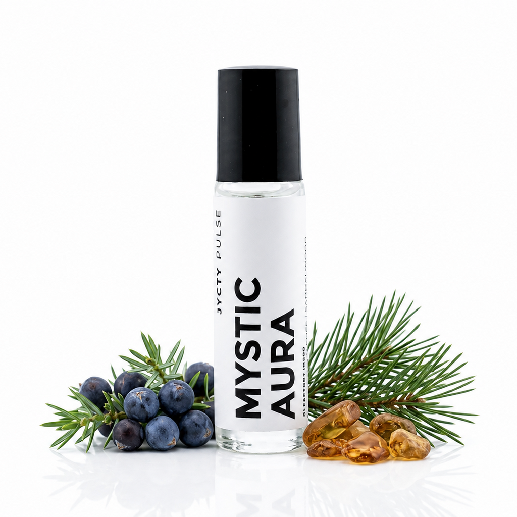 A clear glass roller bottle with a black cap and a white label reading 'MYSTIC AURA' and 'JYCTY PULSE', styled with blueberries, pine needles, and amber crystals on a white background.
