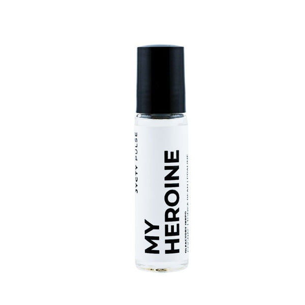 Perfume bottle labeled 'My Heroine' on a white background