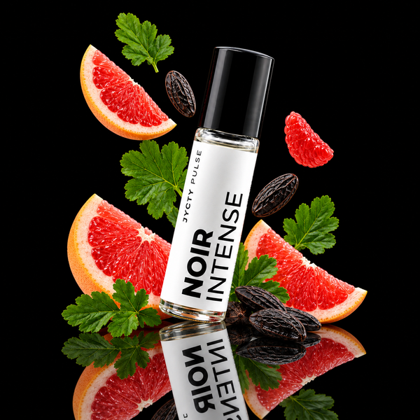 A clear 10ML glass roller bottle with a black cap and a white label reading 'JYCTY PULSE' and 'NOIR INTENSE', surrounded by grapefruit slices, green leaves, and dark brown seeds on a white background with a reflection.