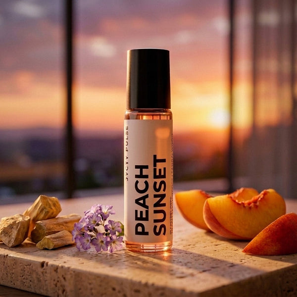 A bottle of Peach Sunset fragrance oil stands on a stone slab with peach slices, sandalwood, and small purple flowers, set against a warm sunset window background.