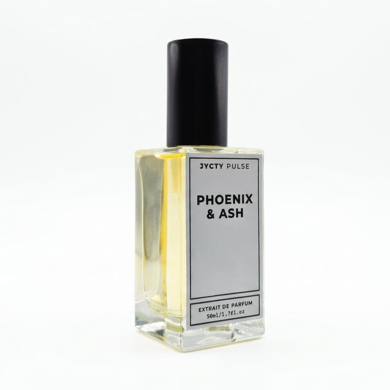Perfume bottle labeled 'Phoenix & Ash' by JYCTY Parfum on a white background