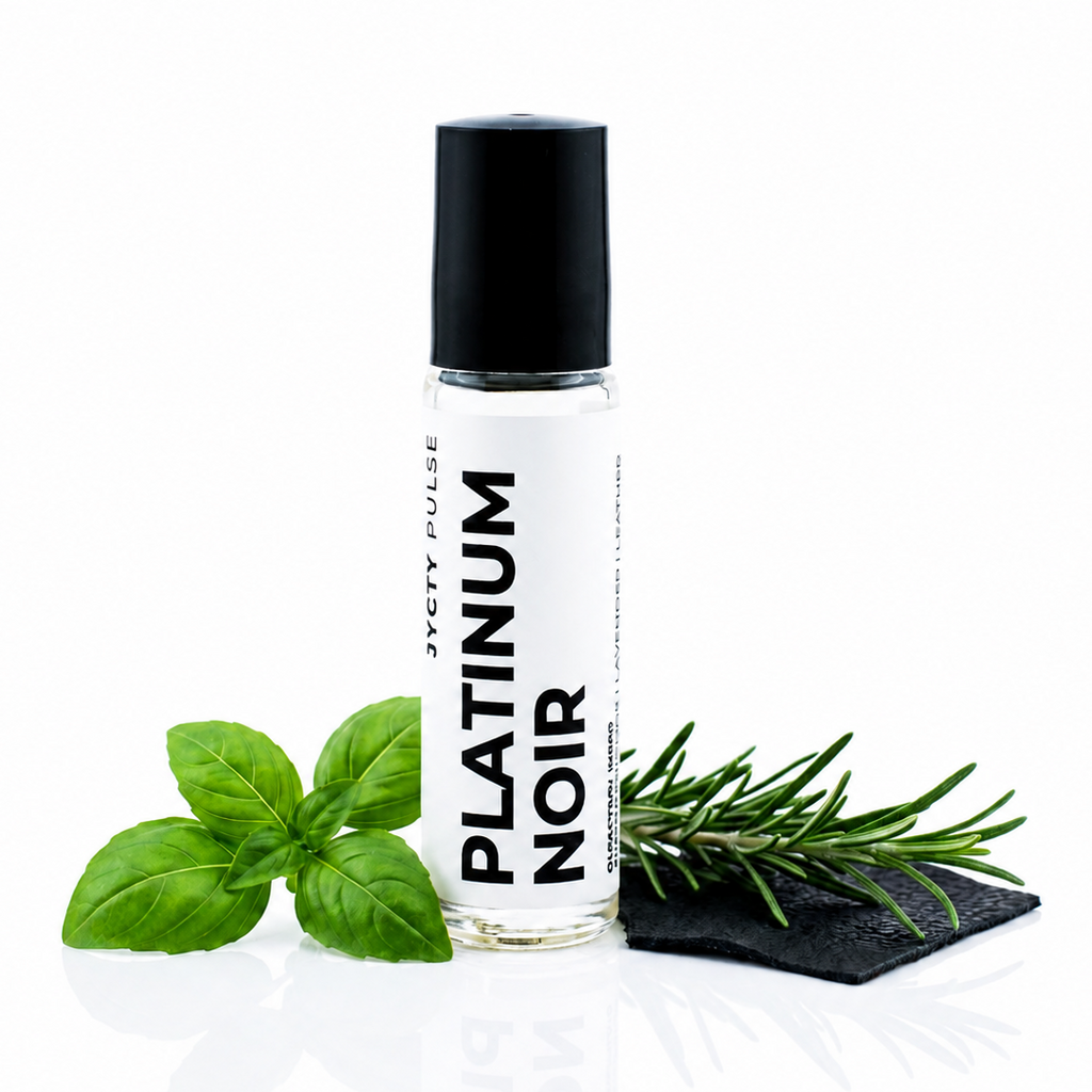 A clear glass roller bottle with a black cap labeled 'PLATINUM NOIR' stands on a white reflective surface, styled with green basil leaves on the left and a rosemary sprig on a dark slate coaster on the right.