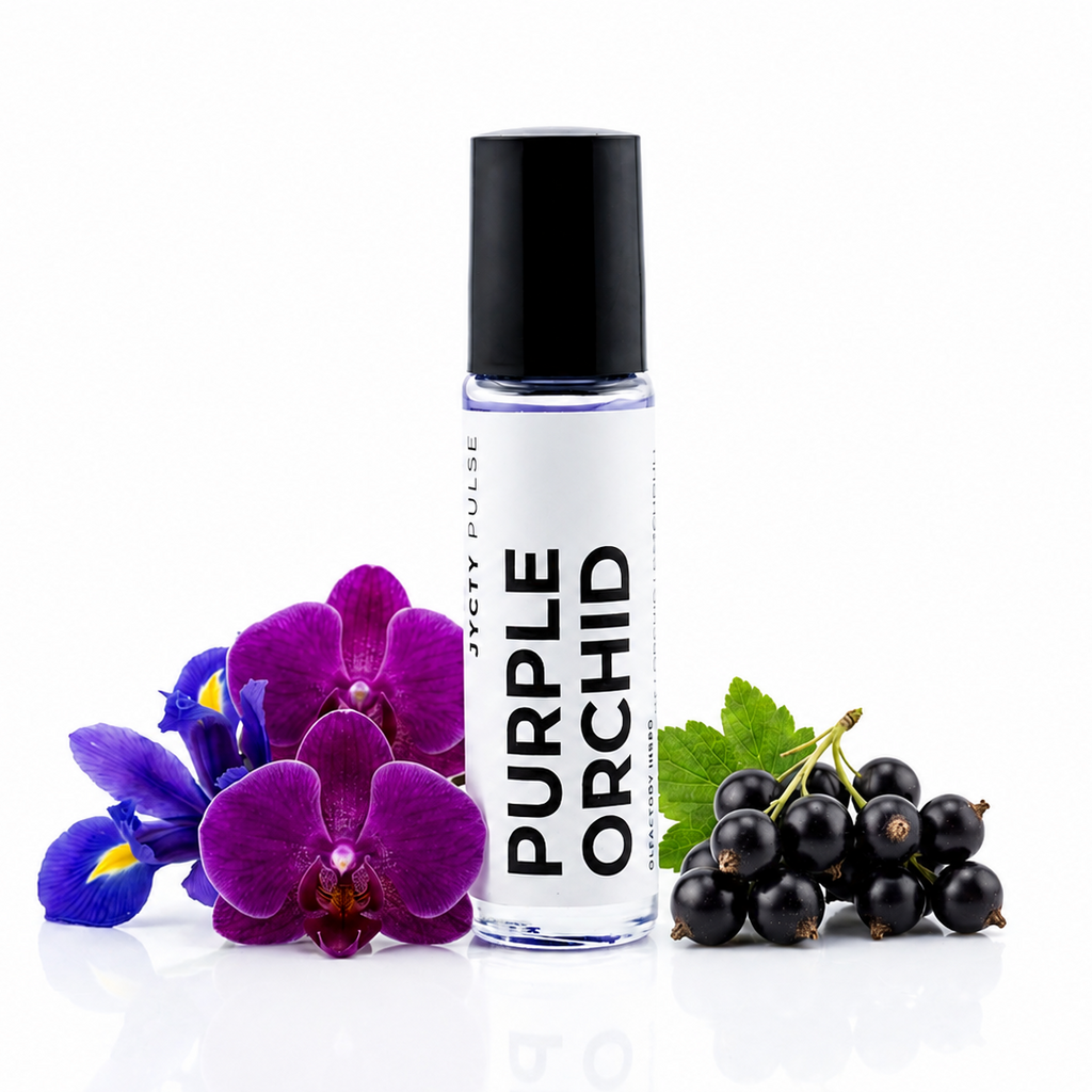 A clear cylindrical bottle labeled 'PURPLE ORCHID' with a black cap stands on a white reflective surface. It is styled with purple orchid flowers on the left, blue irises, and black currants on the right.