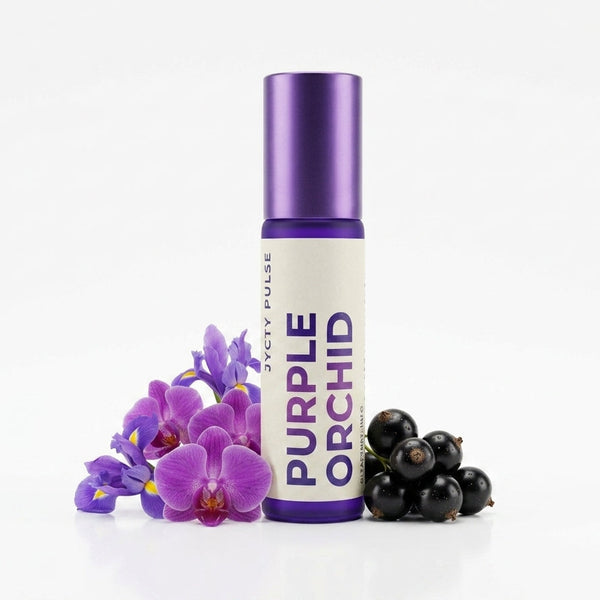 A cylindrical bottle labeled 'PURPLE ORCHID' by JYCTY PULSE, with a metallic purple cap and white label, styled with purple orchid flowers and black berries on a clean white background.