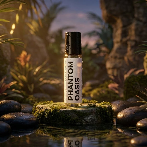 Roll-on bottle labeled 'Phantom Oasis' in a natural setting with plants and stones.