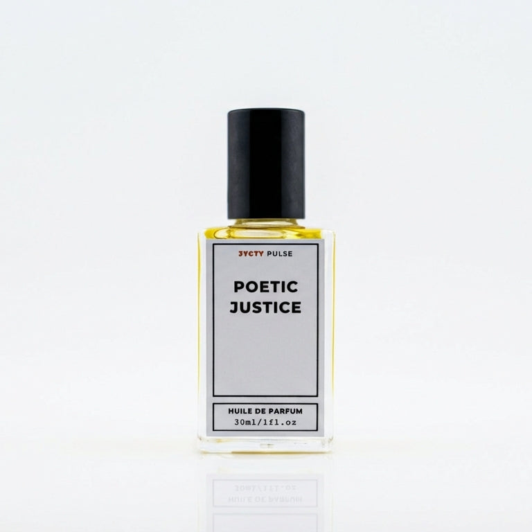 30ml Perfume oil bottle labeled 'Poetic Justice' on a light gray background