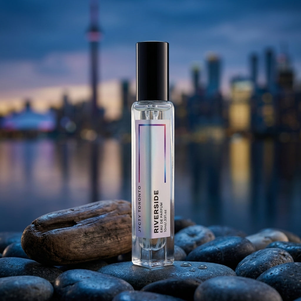 10ml Perfume bottle labeled 'Riverside' on pebbles with a cityscape in the background BY JYCTY