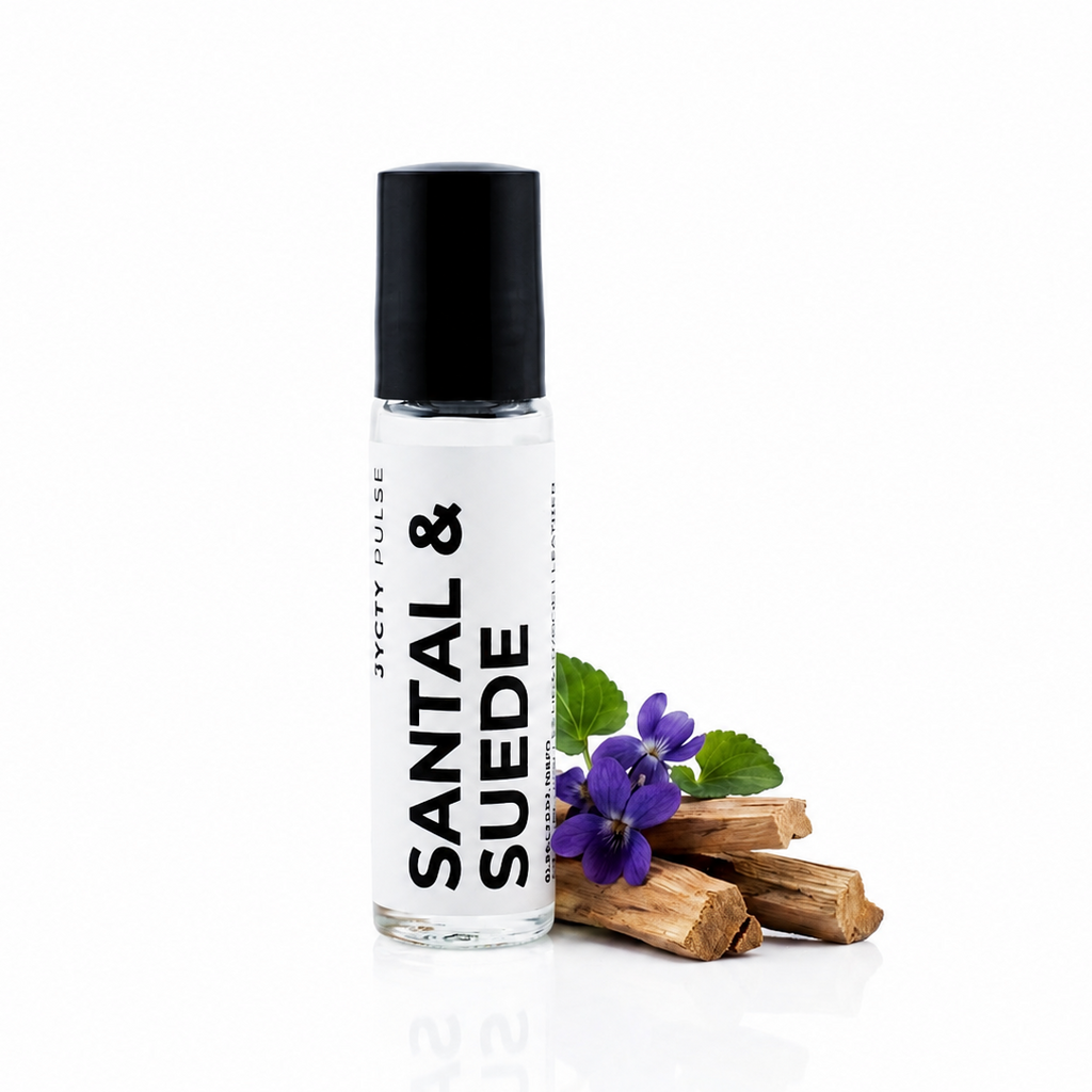 A clear glass roll-on bottle with a black cap labeled 'SANTAL & SUEDE' by 'JYCTY', shown on a white background with purple flowers and wooden bark pieces beside it.