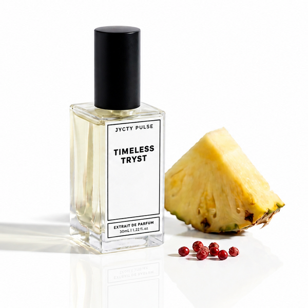 A clear rectangular perfume bottle with a black cap and white label reading 'JYCTY Timeless TrYst' stands on a white reflective surface beside a sliced pineapple and a few red berries. The product is photographed in a clean studio setting with no people or real environment.