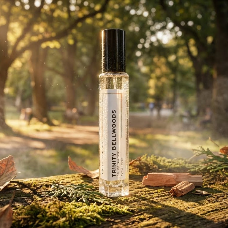 Small bottle of perfume on a wooden surface with a park background