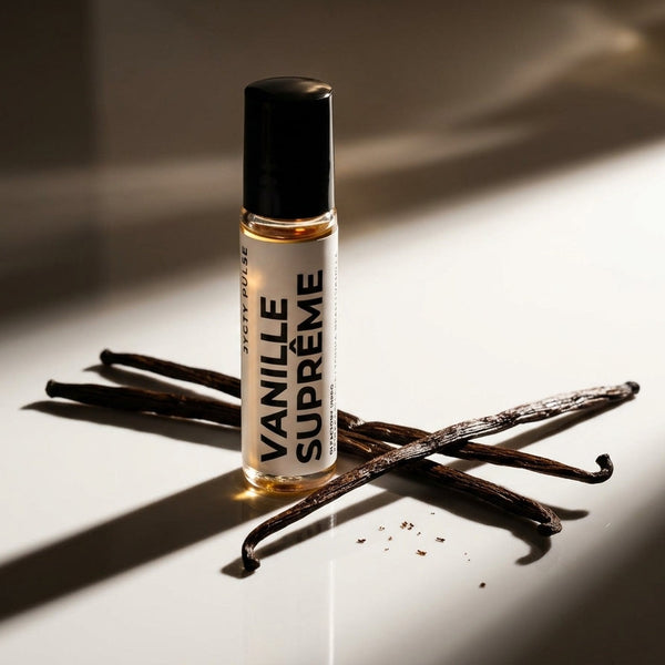 A small cylindrical perfume oilbottle labeled 'VANILLE SUPRÈME' with a black cap stands on a glossy white surface, surrounded by several vanilla beans and a few scattered seeds. Strong diagonal sunlight casts shadows across the scene.