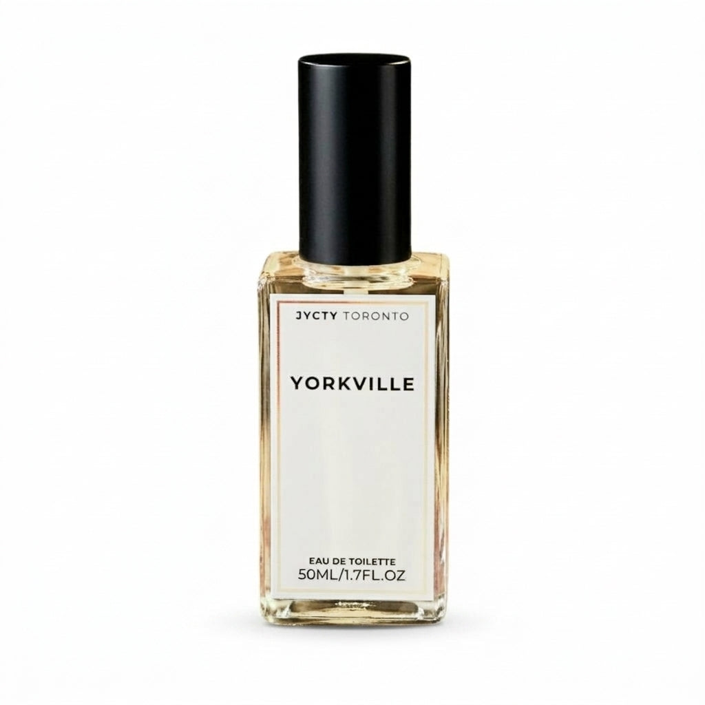 Perfume bottle labeled 'Yorkville' by Vicky Toronto on a white background