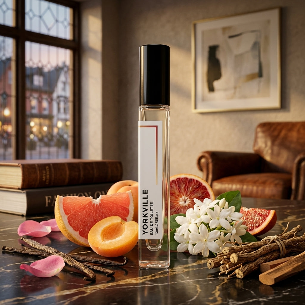10ML Yorkville perfume bottle on table with apricot and grapefruit and jasmine around