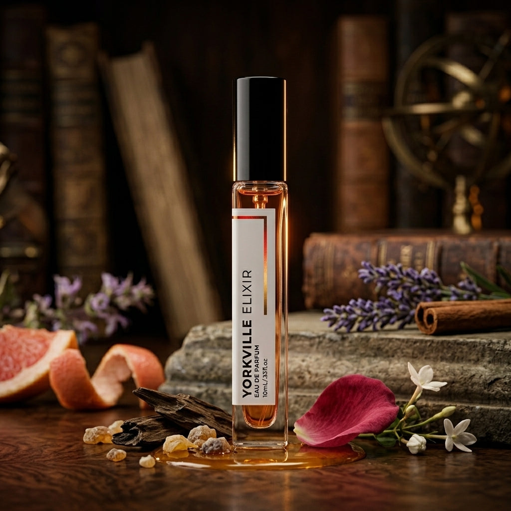 10ML PERFUME BOTTLE ON DESK WITH INGREDIENTS AROUND
BY JYCTY