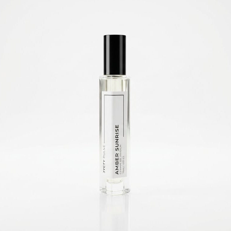 Perfume bottle labeled 'Amber Sunrise' on a white background