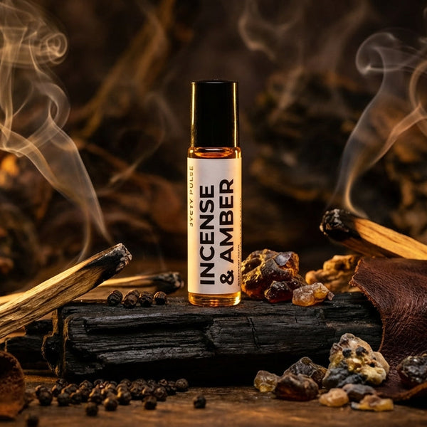Incense and Amber perfume oil bottle with incense sticks and smoke on a dark background