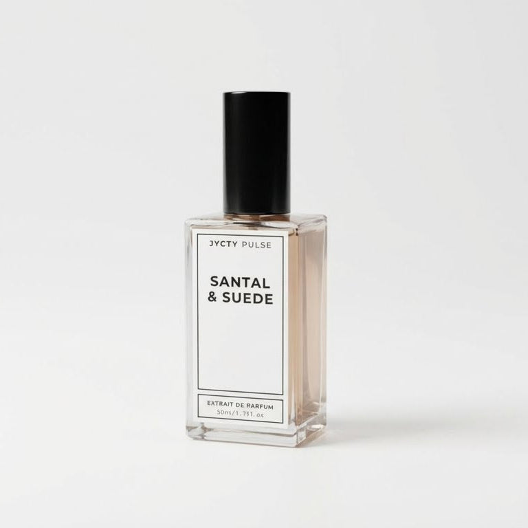 Perfume bottle labeled 'Santal & Suede' on a white background