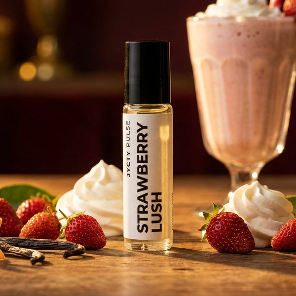 Strawberry lush perfume oil bottle on a wooden surface with strawberries and whipped cream.